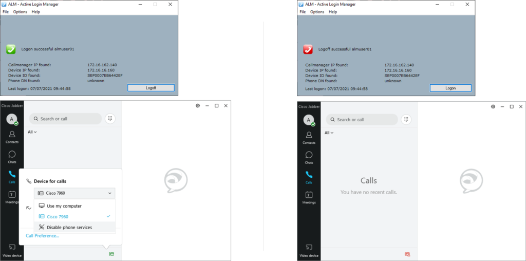 ALM PRO synchronizes Jabber and desk phones. If the user automatically logs in via EM, the Jabber Phone Control status is automatically updated to green. Then, the desk phone can be used for making and receiving voice calls. If the user logs off via EM, Jabber Phone Control status turns red. These scenarios are illustrated in this diagram.